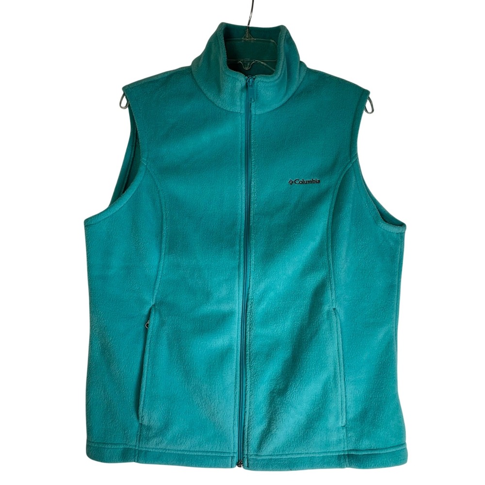 Columbia Womens XL Teal Blue Fleece Full Zip Vest Mock Neck Pockets